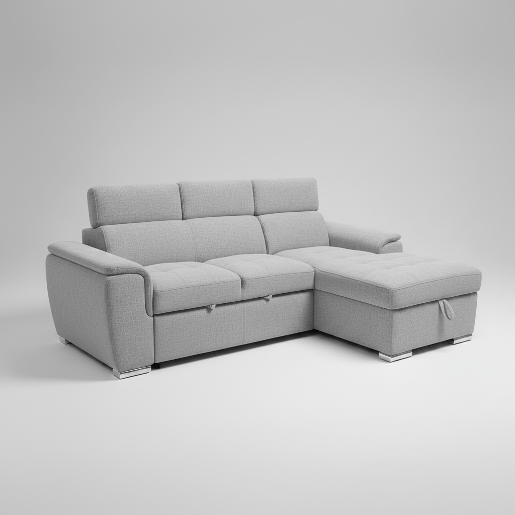 Spencer 3-Seater Light Grey Sofa Bed with Storage Chaise & Adjustable Headrests