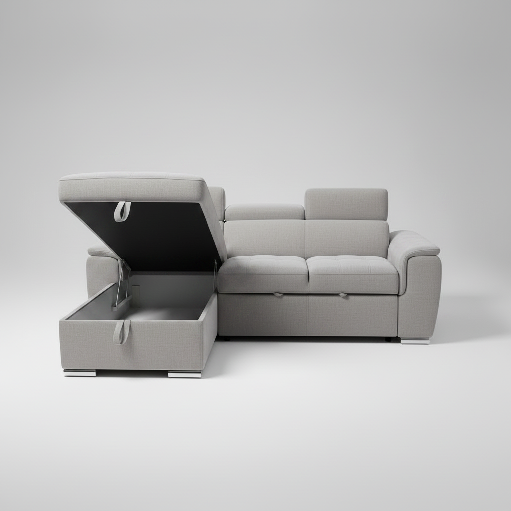 Spencer 3-Seater Light Grey Sofa Bed with Storage Chaise & Adjustable Headrests