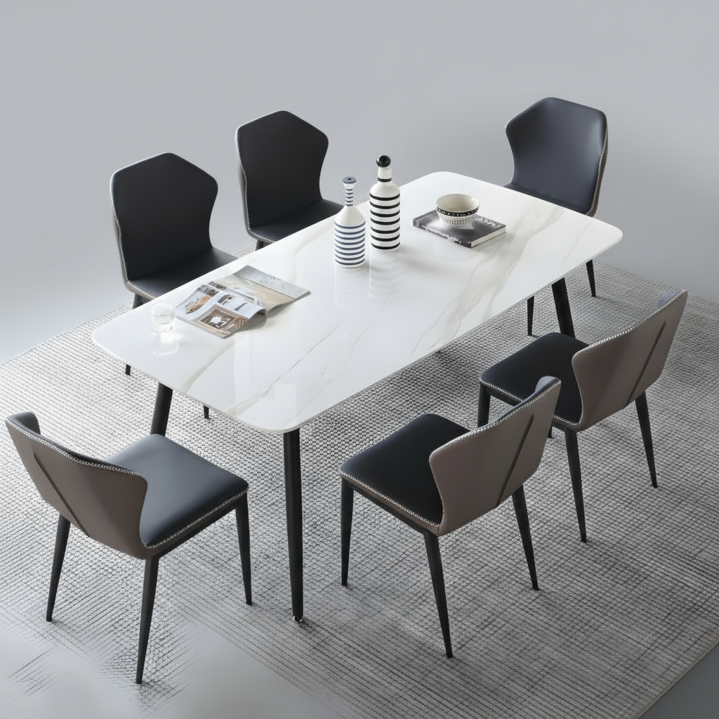 Dining table set with chairs in a modern room