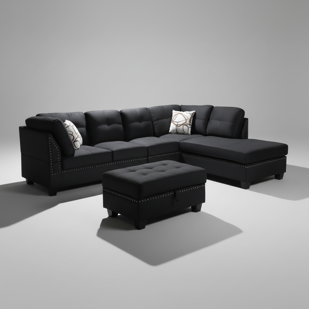 Black sectional sofa with ottoman in a living room setting