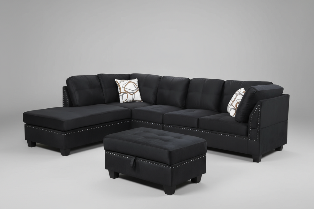 Venice Reversible Sectional Sofa with Storage Ottoman – Black Vegan Suede