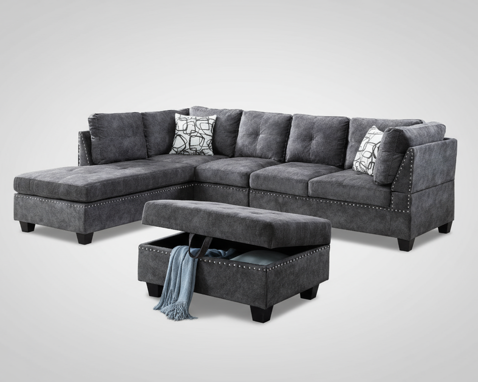 Gray sectional sofa with storage ottoman in a living room setting