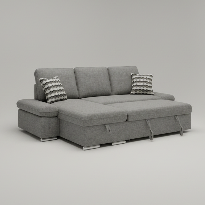 Gray sectional sofa in a room with decorative elements and plants.