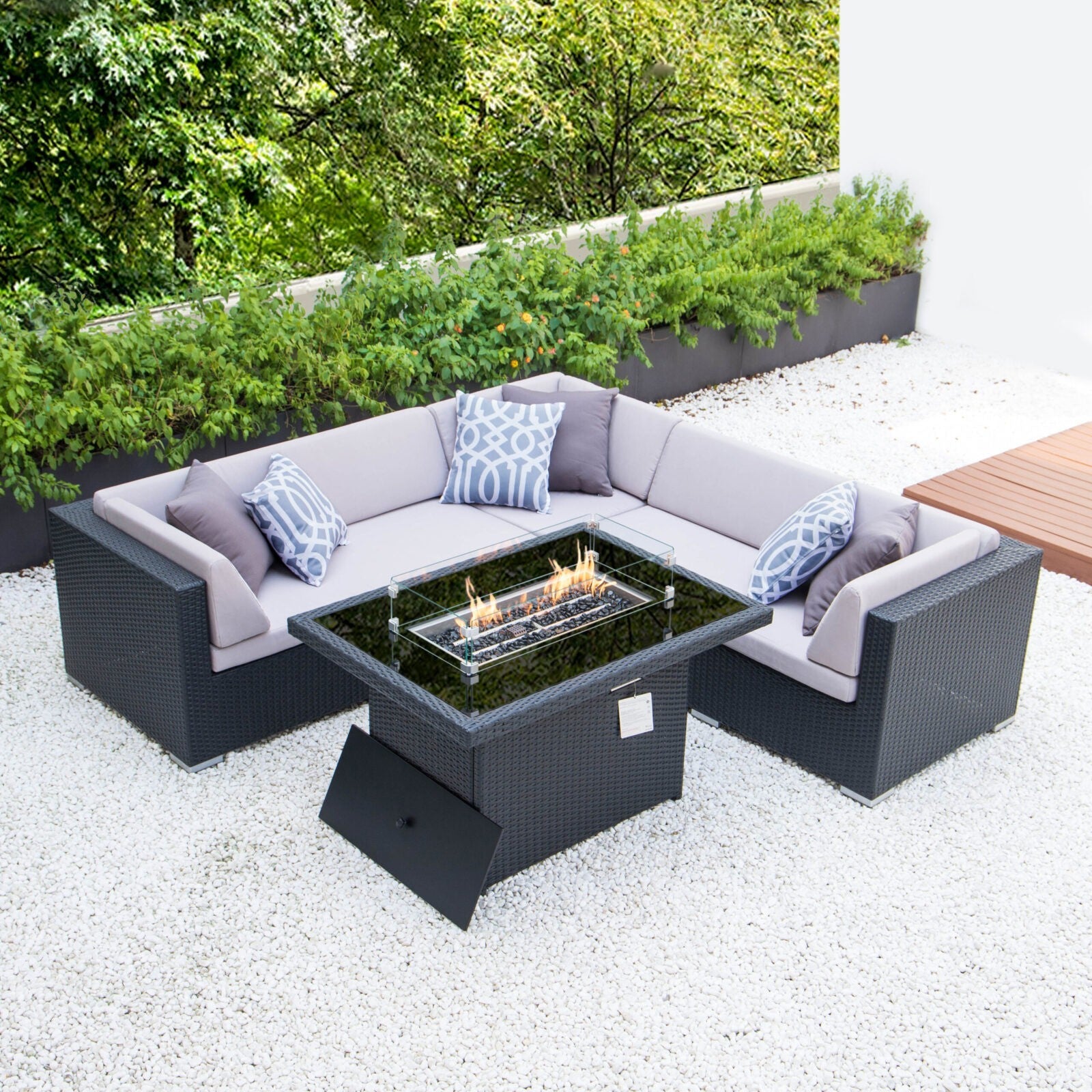 Symmetrical L with fire table and light grey cushions image 0