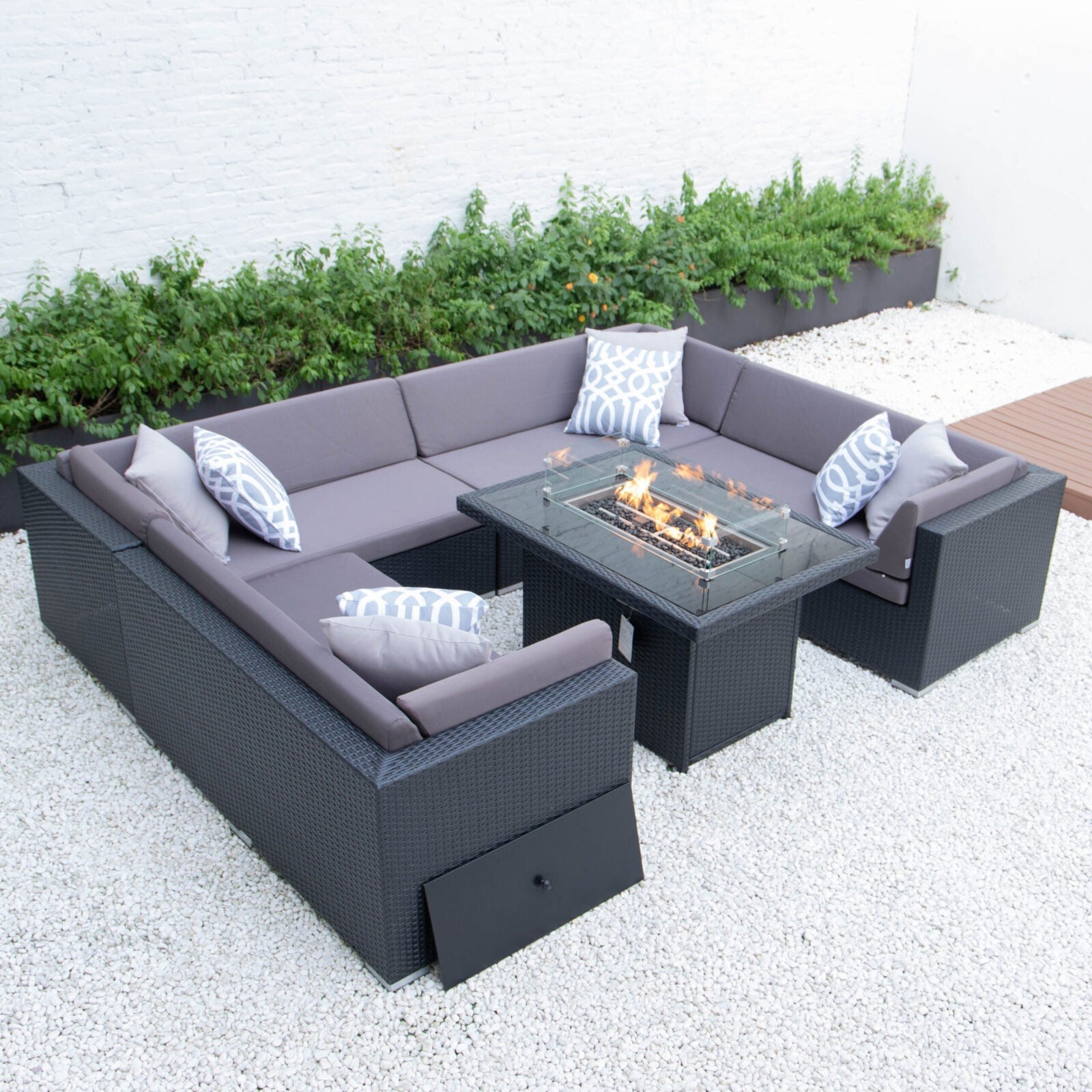 U shaped with wicker fire table in dark grey cushions image 0