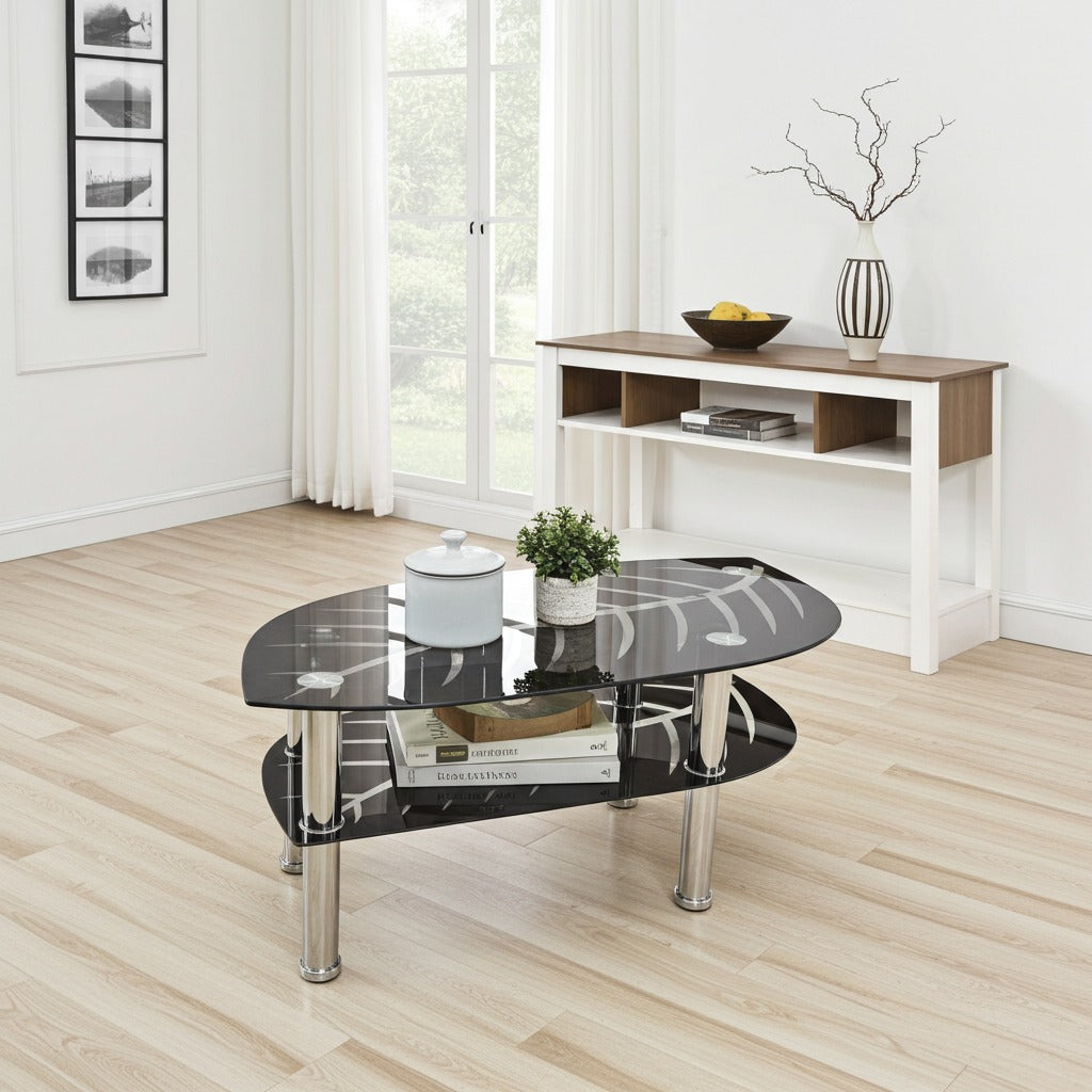 Leaf-Design Glass Coffee Table with Dual Black Shelves and Chrome Legs image 1