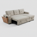 Beige sectional sofa with storage drawers on a white background