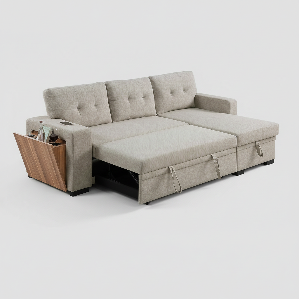 Beige sectional sofa with storage drawers on a white background