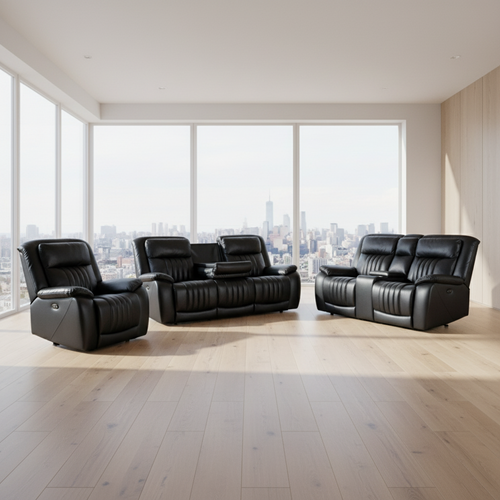 Set of black leather recliner chairs on a gray background