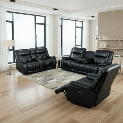 Modern living room with black leather recliner sofas and a bookshelf.