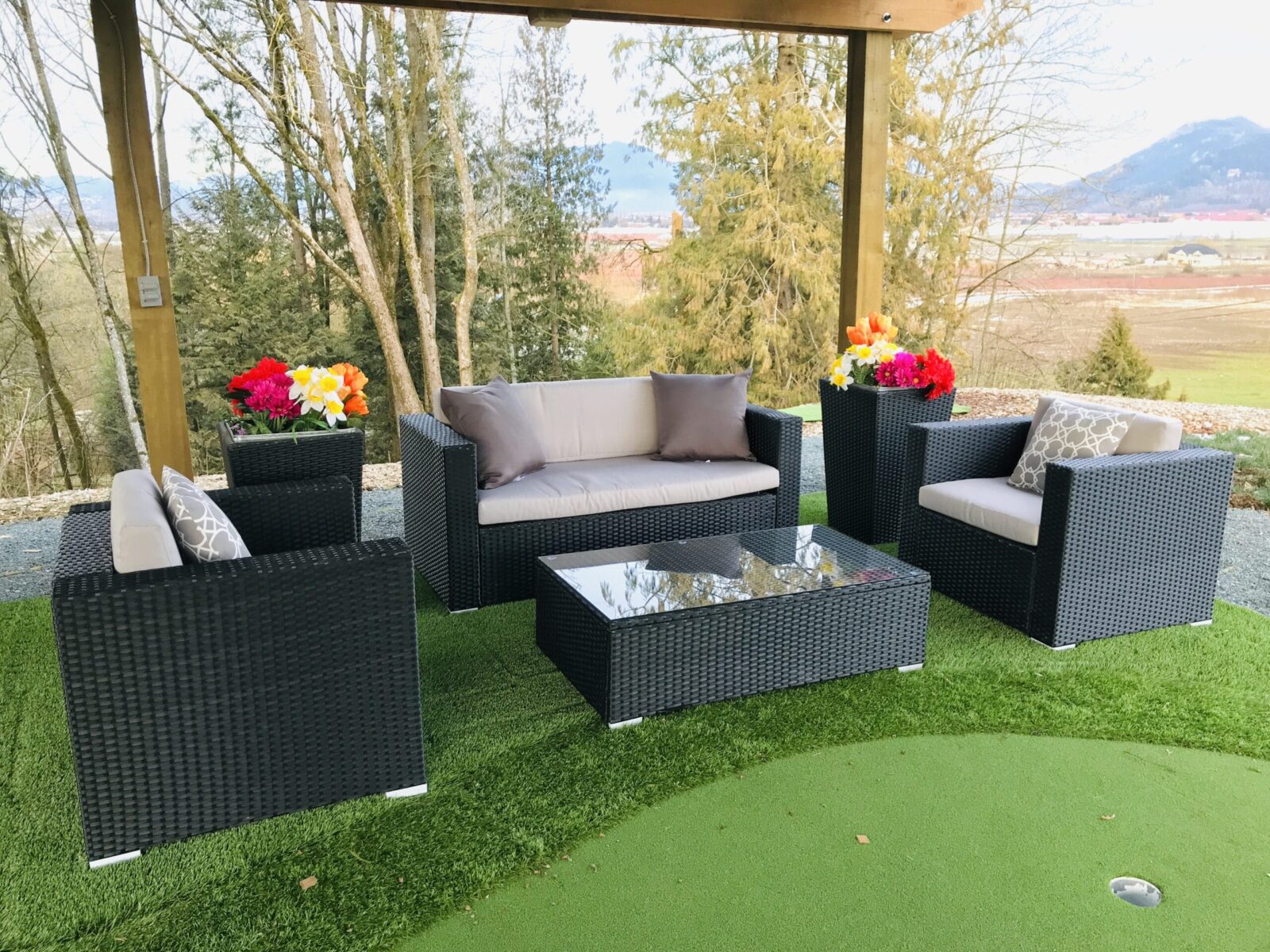 4 piece conversation set with glass table and light grey cushions image 0