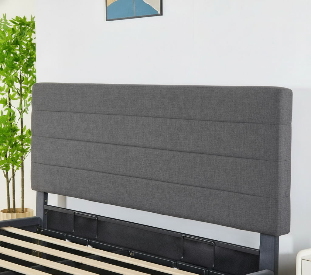 Rocco Hydraulic Storage Bed with Headboard – Modern Platform Bed Frame with Lift-Up Storage- Dark grey Linen