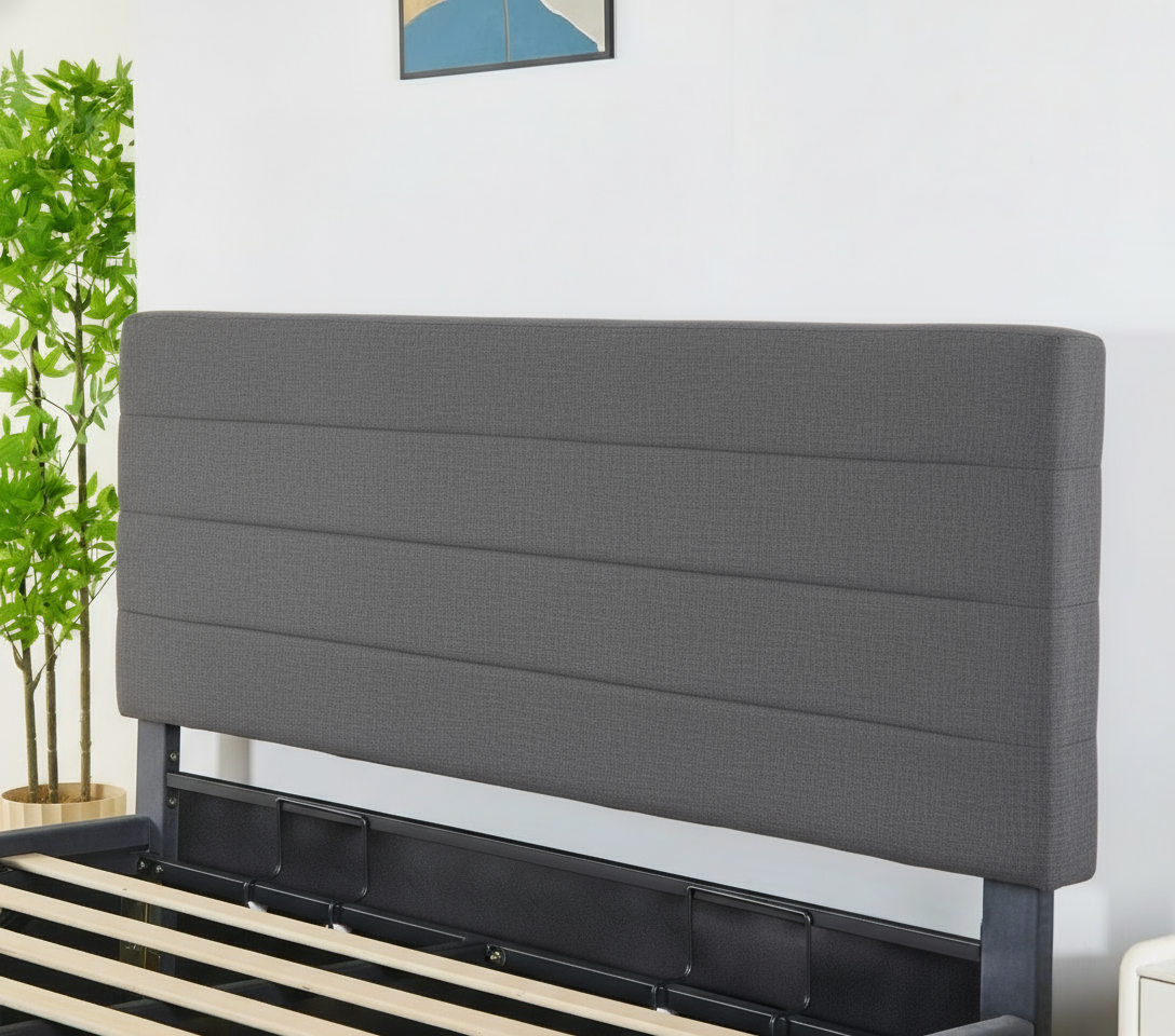 Rocco Hydraulic Storage Bed with Headboard – Modern Platform Bed Frame with Lift-Up Storage- Dark grey Linen