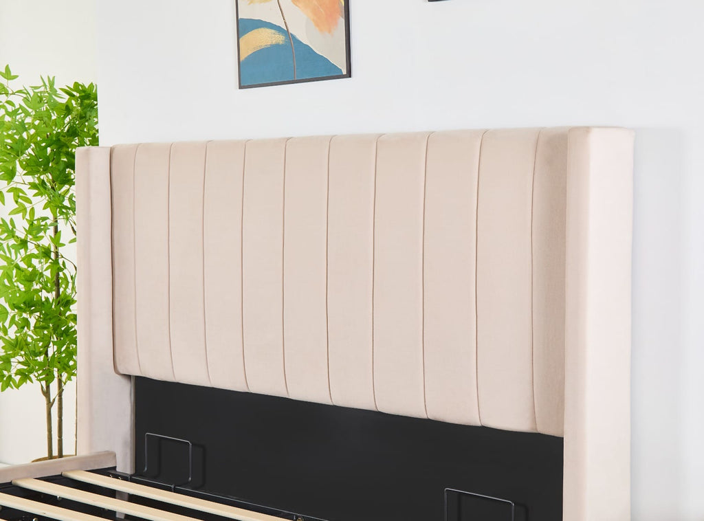 Pluto Hydraulic Storage Bed – Velvet Upholstered with Headboard- Beige image 1