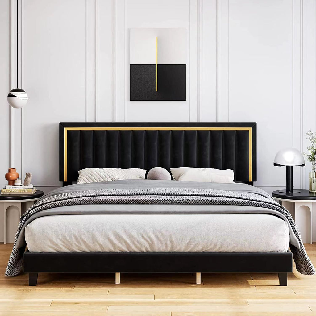 Brennan - Black Velvet Fabric with Gold Accent Bed Frame image 0