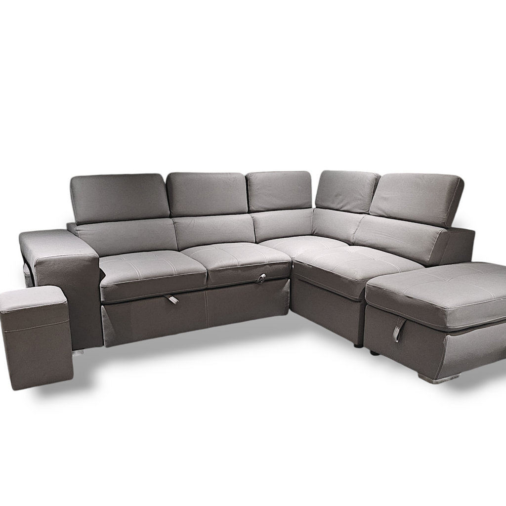 Sicily 3-Seater Sectional Sofa Bed with Ottoman - 2 stools  - Grey Vegan Suede image 3