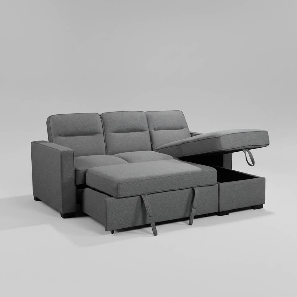 Sofá seccional Waza gris claro con chaise longue reversible y cama plegable 