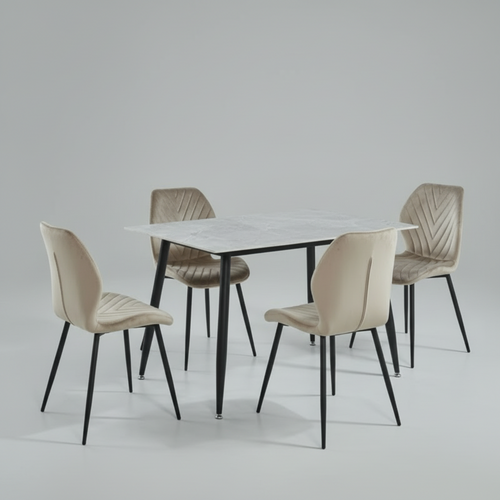 Modern dining room with a table and chairs in a stylish interior setting.