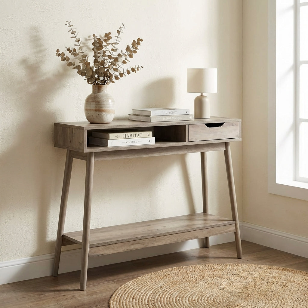 CHELSEA Mid-Century Modern Wooden Console Table with Drawer – Soft Grey Oak