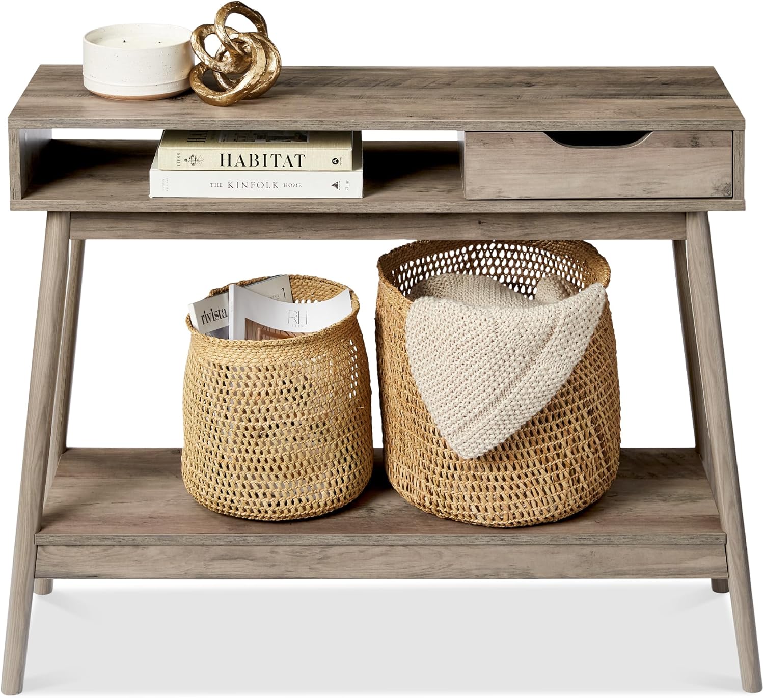 CHELSEA Mid-Century Modern Wooden Console Table with Drawer – Soft Grey Oak