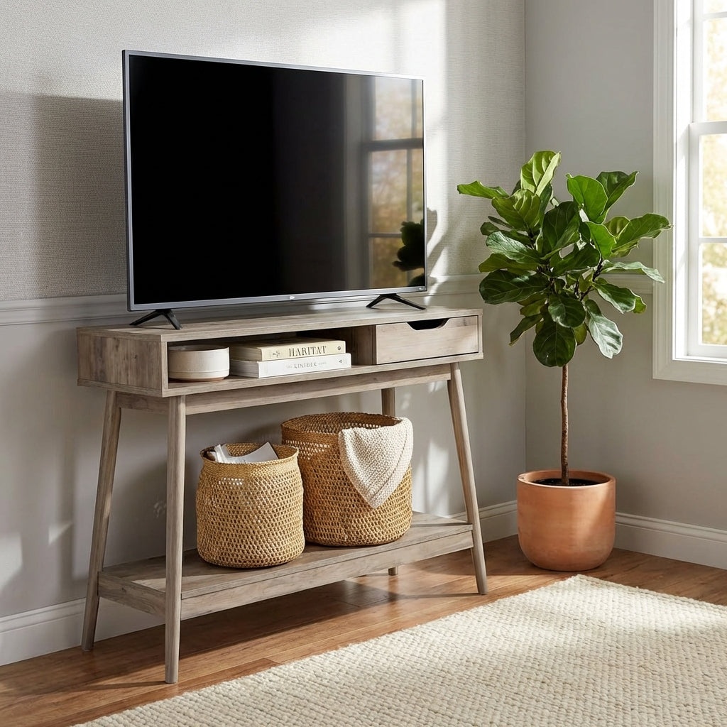 CHELSEA Mid-Century Modern Wooden Console Table with Drawer – Soft Grey Oak