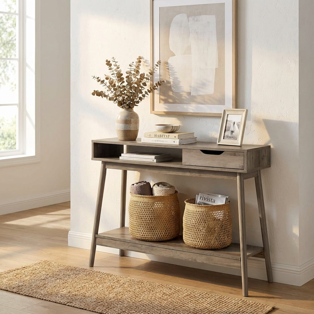 CHELSEA Mid-Century Modern Wooden Console Table with Drawer – Soft Grey Oak