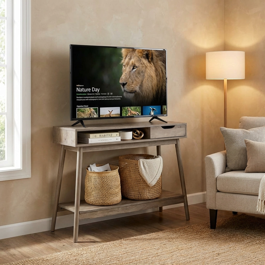 CHELSEA Mid-Century Modern Wooden Console Table with Drawer – Soft Grey Oak