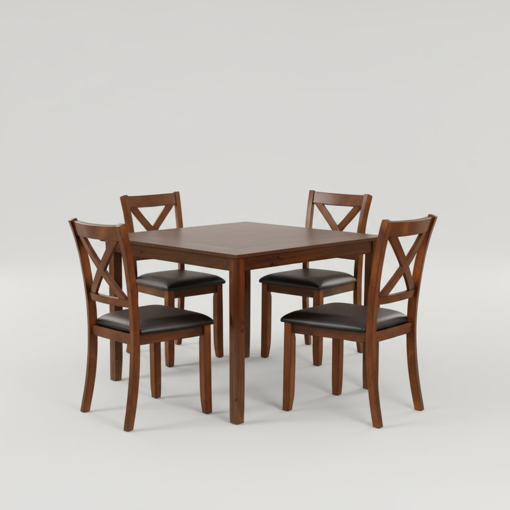 Dining room set with wooden table and chairs in a well-lit room.