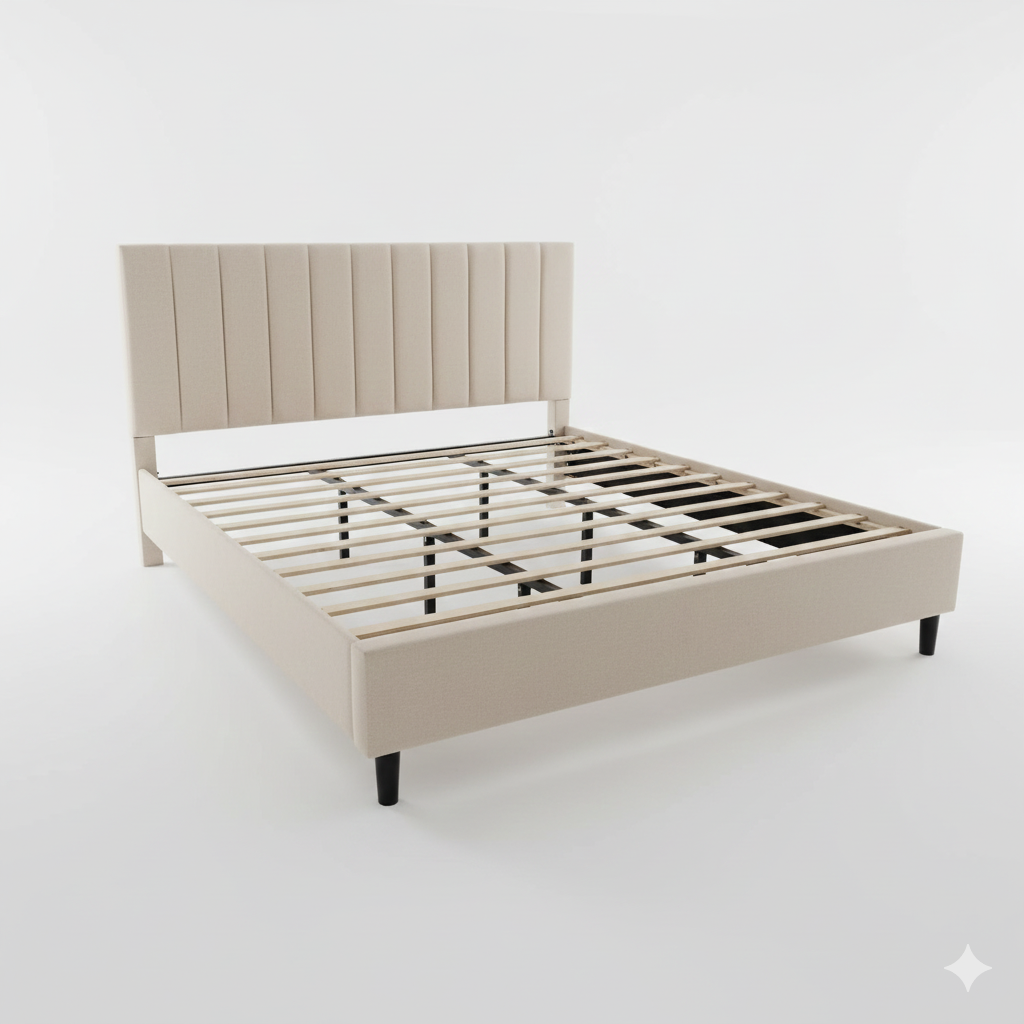 Beige bed frame with slatted design on a white background