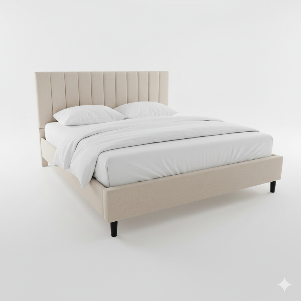 Beige upholstered bed with white bedding on a white background