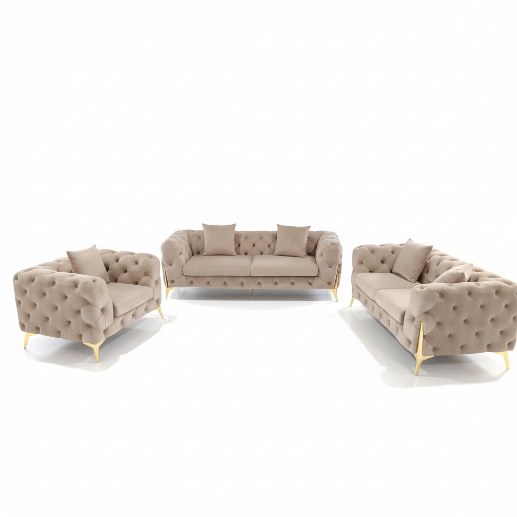 Beige sofa set with gold legs on a reflective floor.