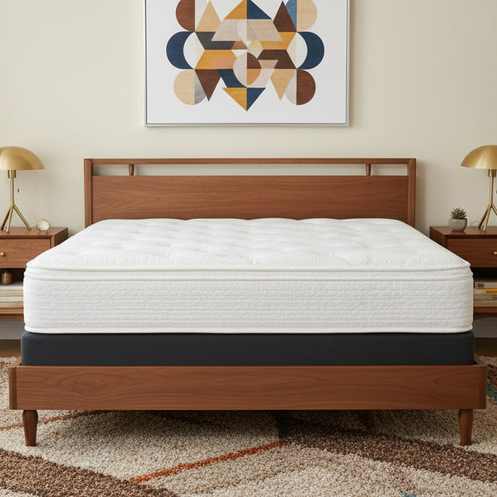 White mattress on a bed frame with a neutral background