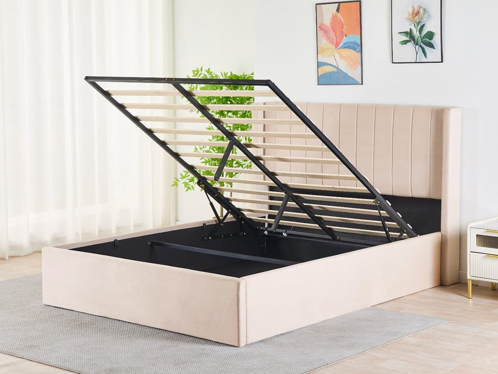 Pluto Hydraulic Storage Bed – Velvet Upholstered with Headboard- Beige image 2