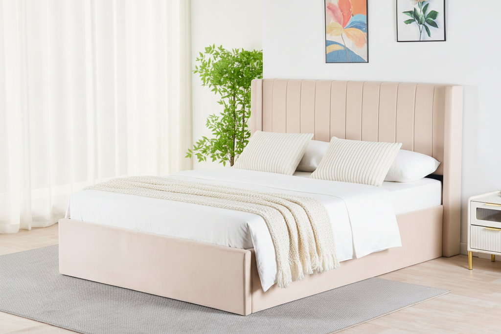 Pluto Hydraulic Storage Bed –  Upholstered with Headboard- Beige