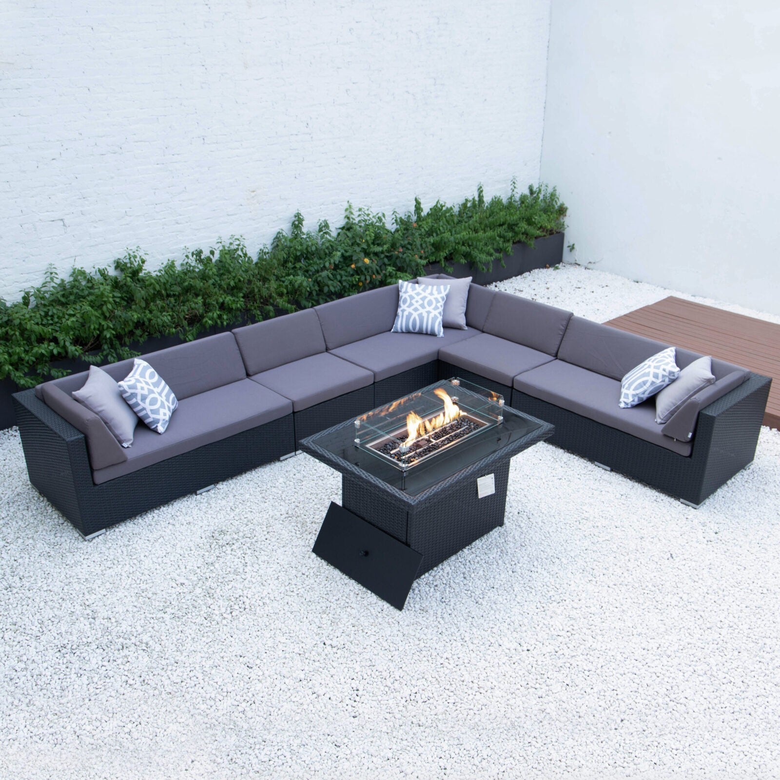 Super Giant L with wicker fire table in dark grey cushions image 0