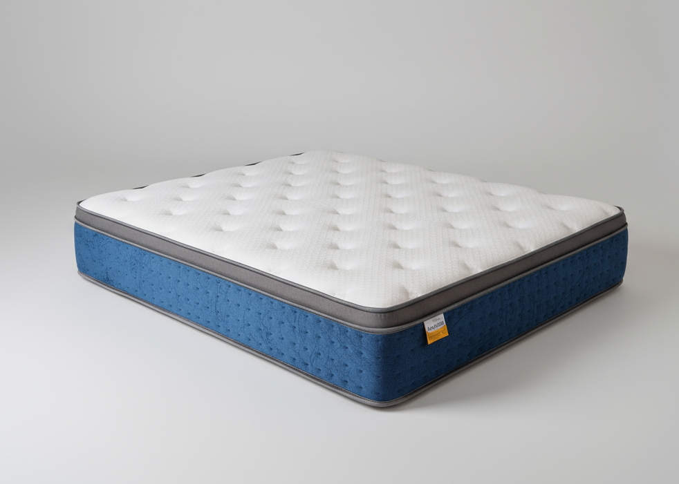 Blue and white mattress corner on a white background