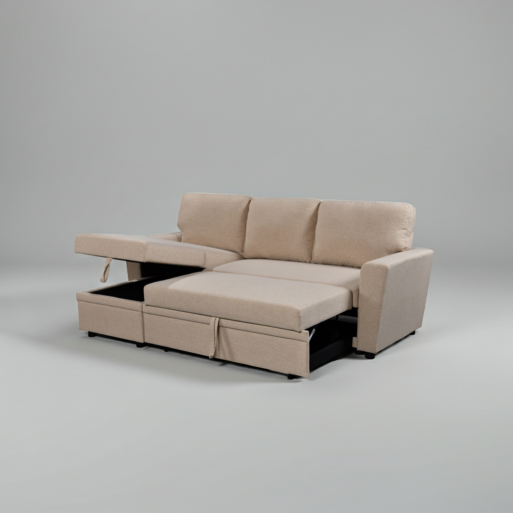Jazz Sectional Sofa Bed with Storage & Reversible Chaise – Beige Fabric