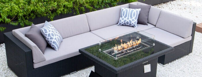 Giant L with fire table and light grey cushions image 0