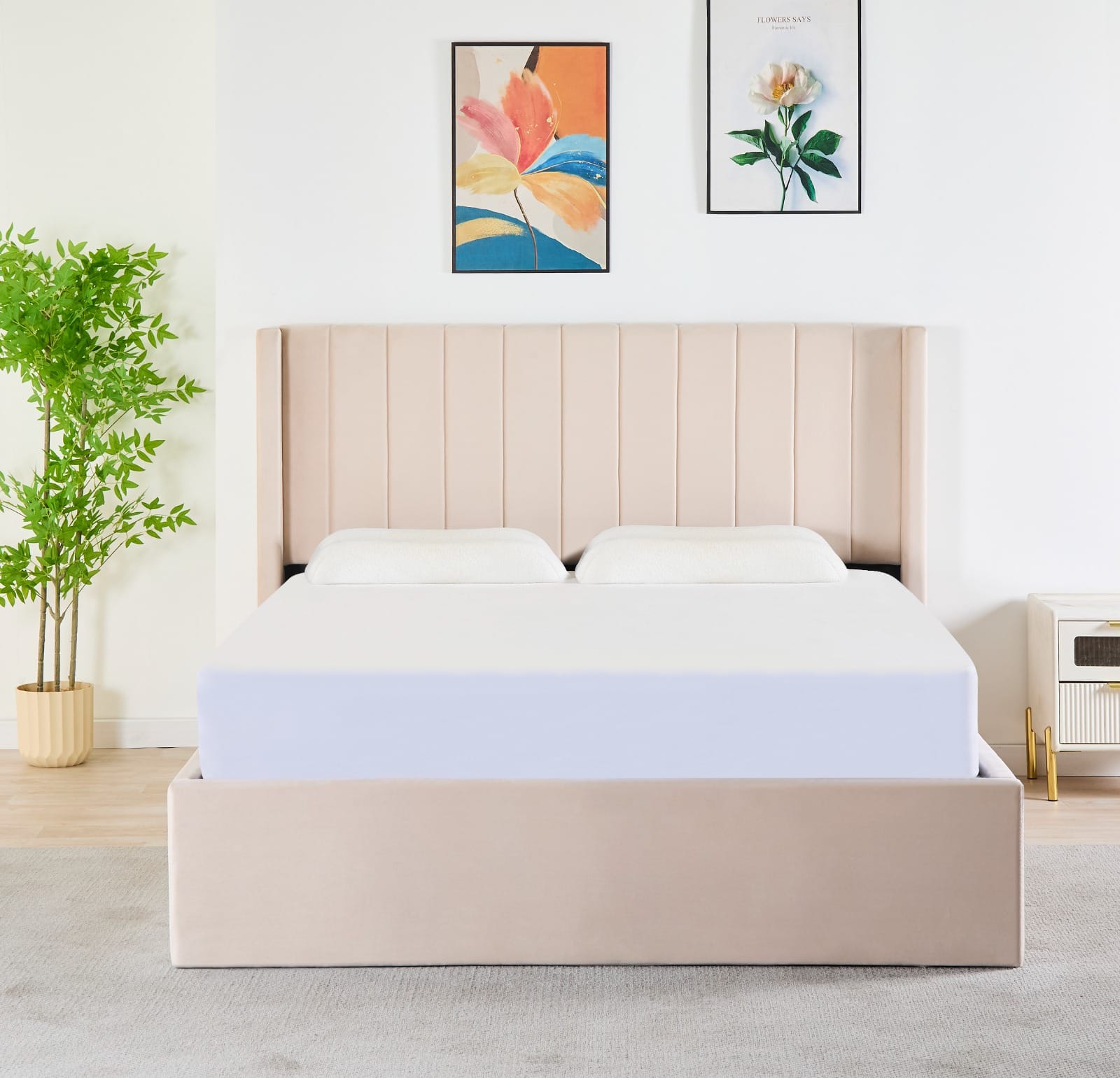 Pluto Hydraulic Storage Bed – Velvet Upholstered with Headboard- Beige image 0