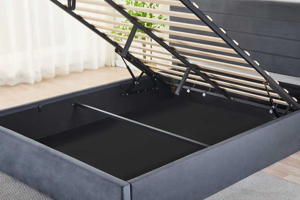 Rocco Upholstered Hydraulic Storage Bed with Headboard – Modern Platform Bed Frame with Lift-Up Storage- Dark grey image 3