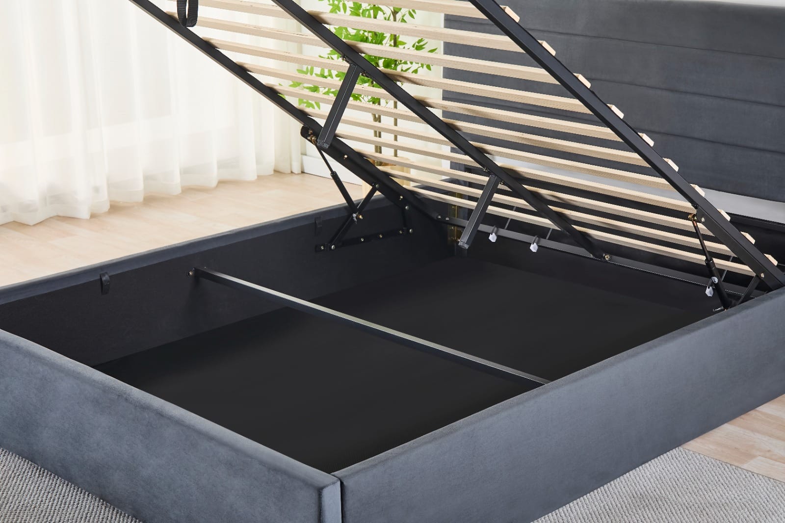 Rocco Upholstered Hydraulic Storage Bed with Headboard – Modern Platform Bed Frame with Lift-Up Storage- Dark grey image 3