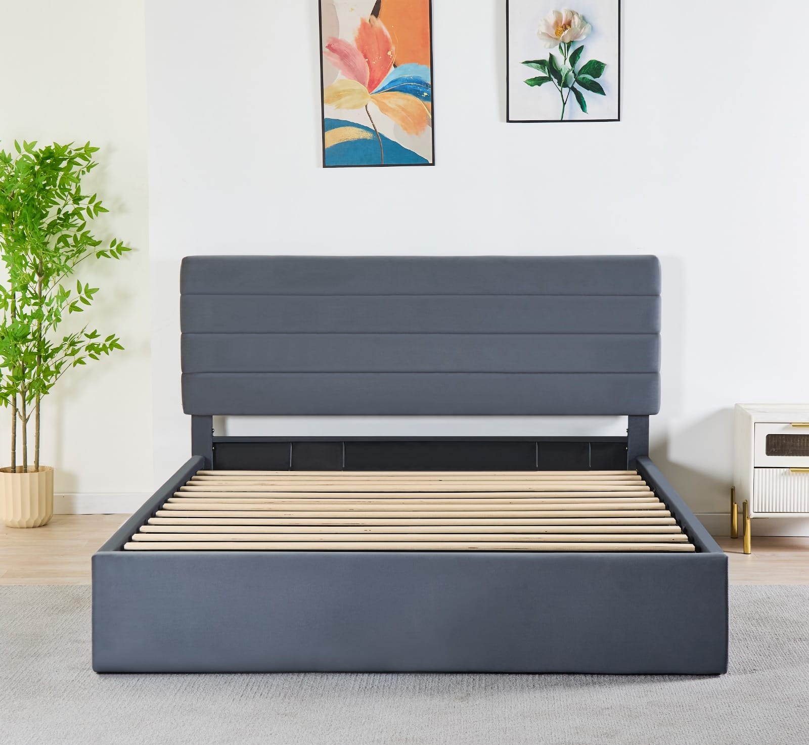 Rocco Upholstered Hydraulic Storage Bed with Headboard – Modern Platform Bed Frame with Lift-Up Storage- Dark grey - Single / Twin image