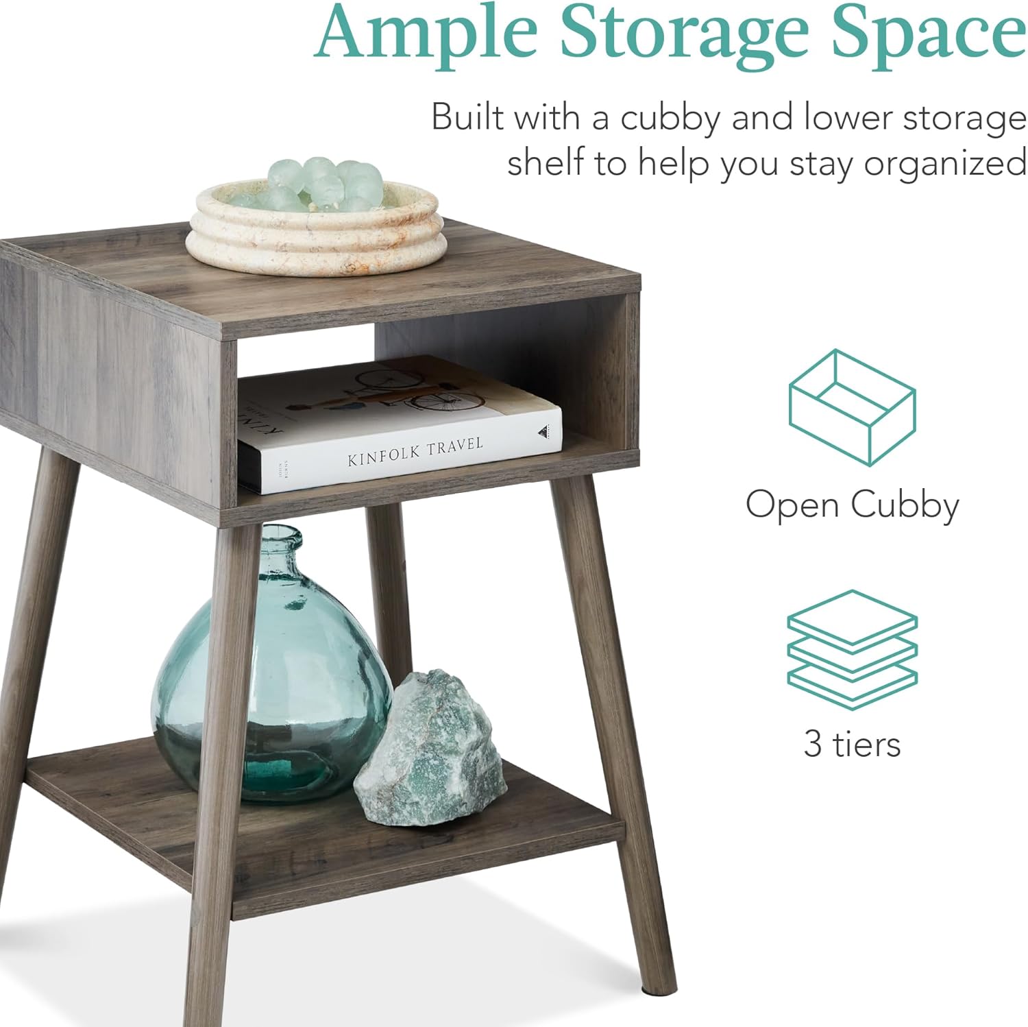 EMMA Mid-Century Modern Light Grey End Tables with Solid Wood Legs – Set of 2