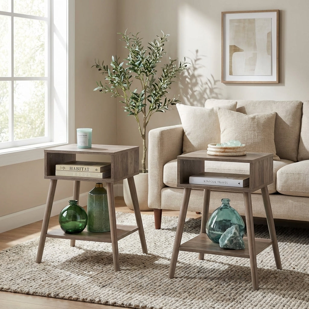 EMMA Mid-Century Modern Light Grey End Tables with Solid Wood Legs – Set of 2