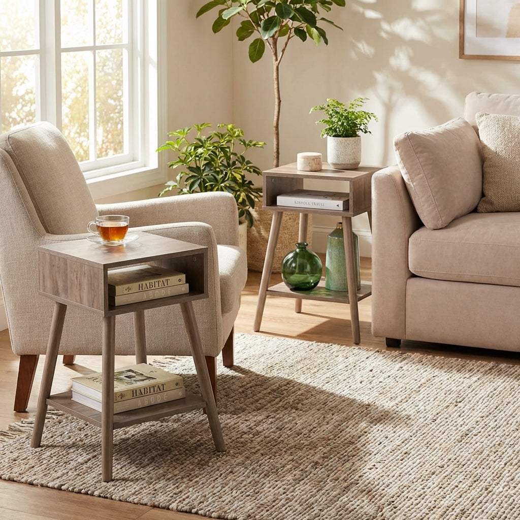 EMMA Mid-Century Modern Light Grey End Tables with Solid Wood Legs – Set of 2