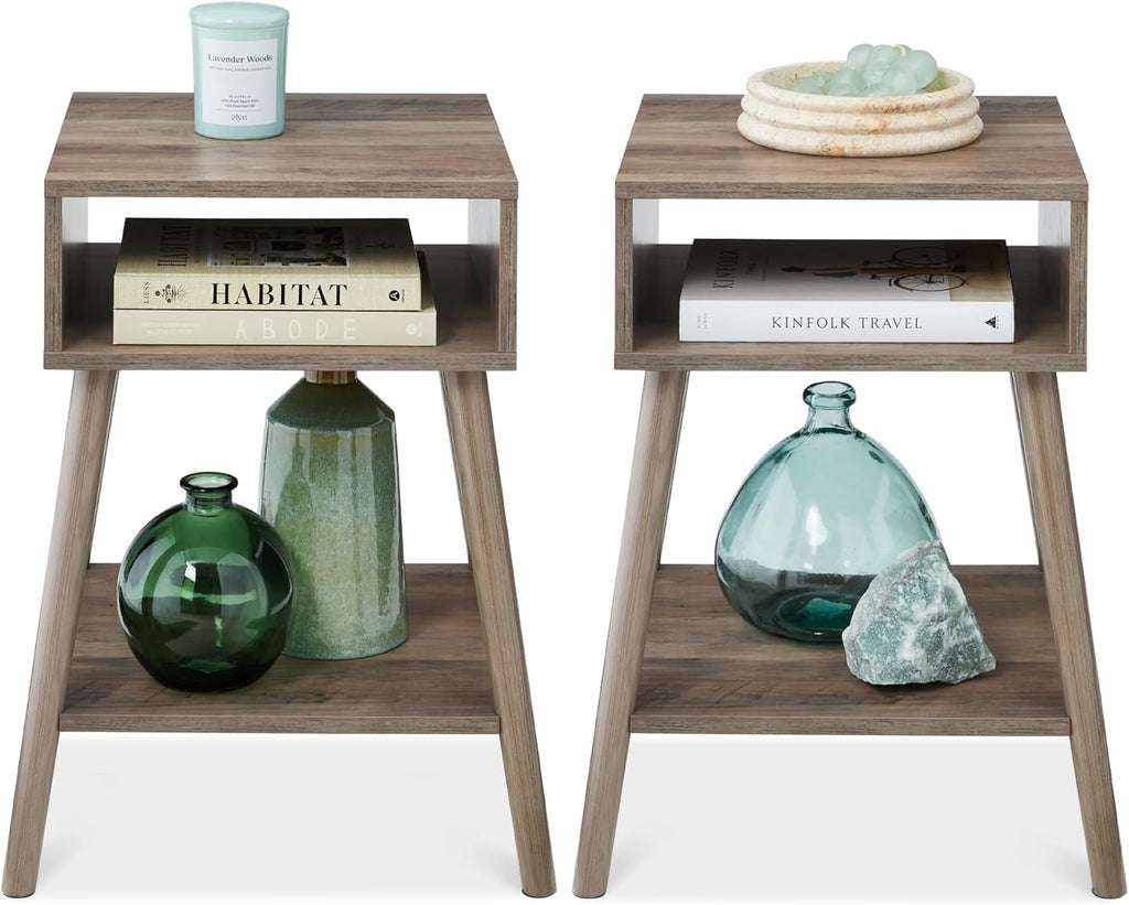 EMMA Mid-Century Modern Light Grey End Tables with Solid Wood Legs – Set of 2