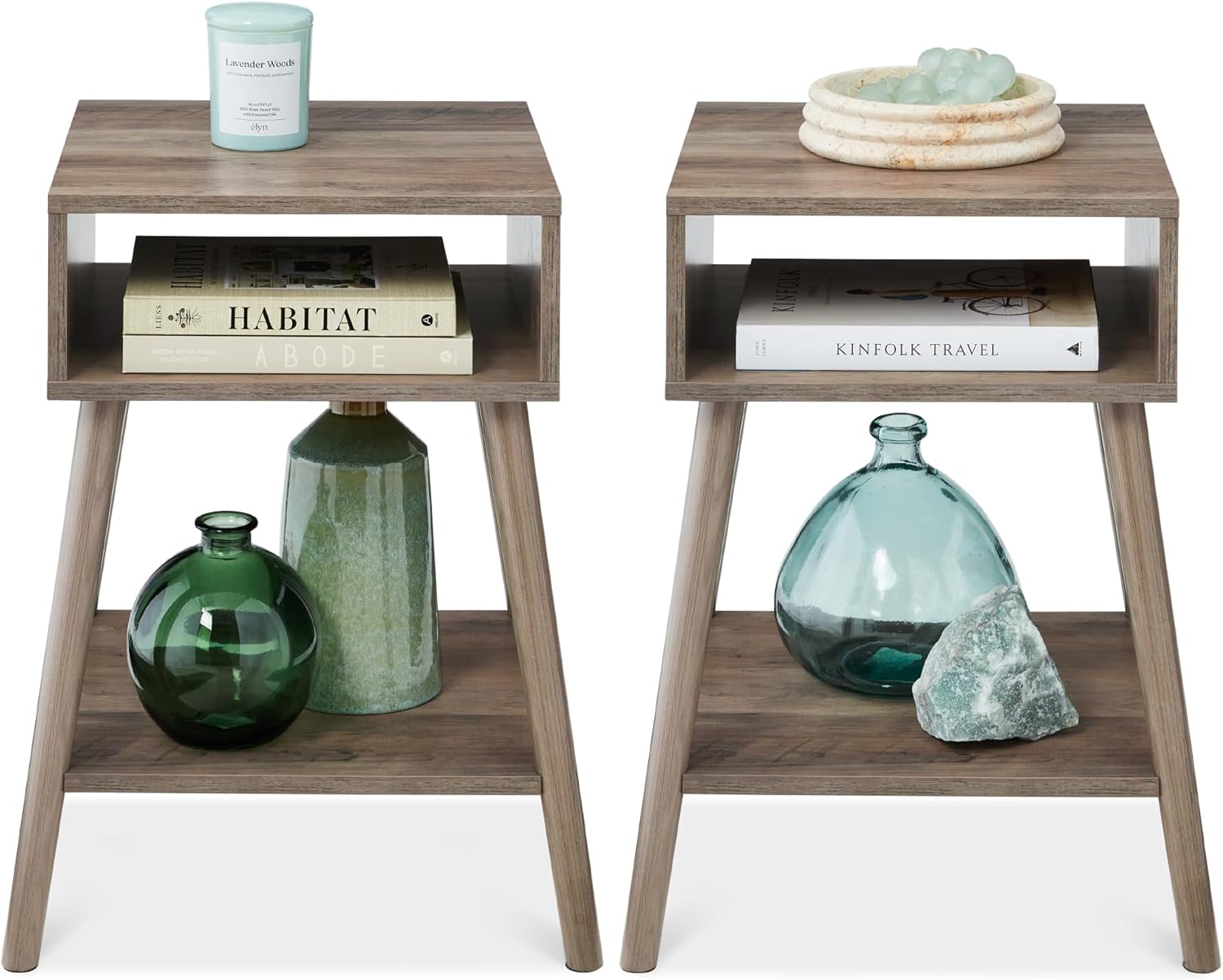 EMMA Mid-Century Modern Light Grey End Tables with Solid Wood Legs – Set of 2