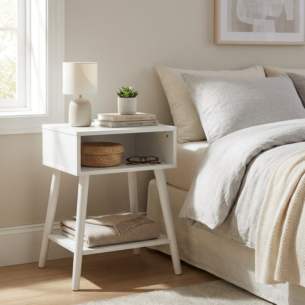 EMMA Mid-Century Modern White End Tables with Solid Wood Legs – Set of 2