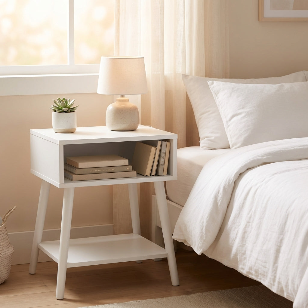 EMMA Mid-Century Modern White End Tables with Solid Wood Legs – Set of 2