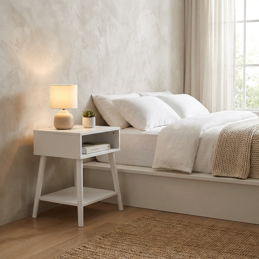 EMMA Mid-Century Modern White End Tables with Solid Wood Legs – Set of 2